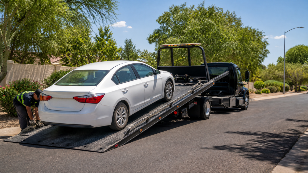Auto wird auf einen Abschleppwagen geladen