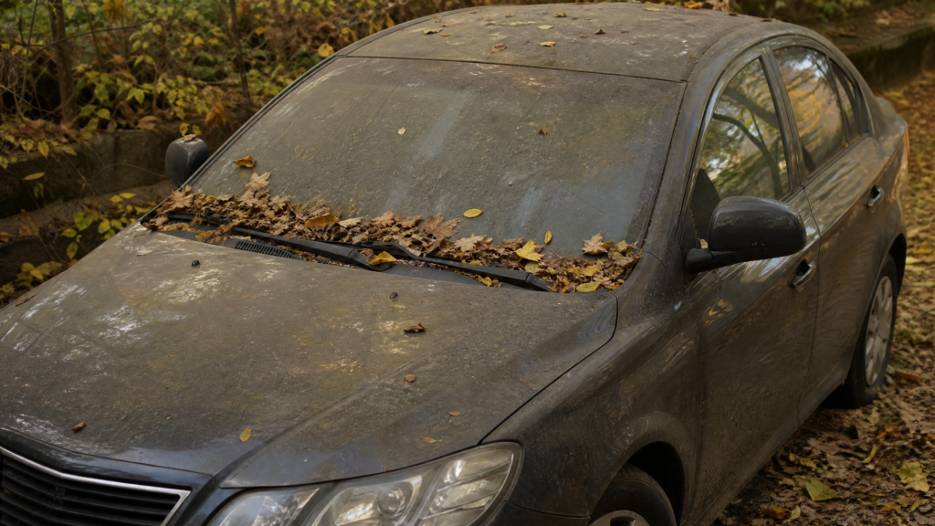 Lange abgestelltes Auto mit Herbstlaub auf der Windschutzscheibe